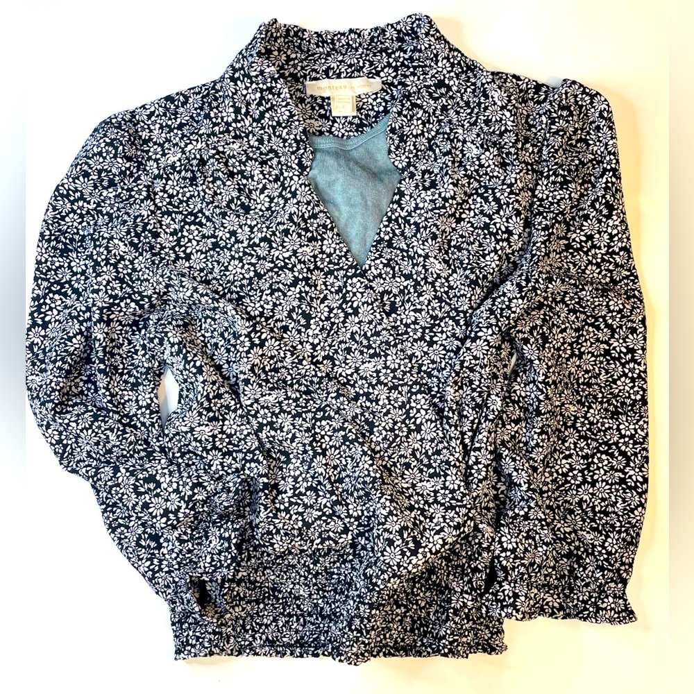 Blouse, ruched, black and white flower pattern - Picture 3 of 3